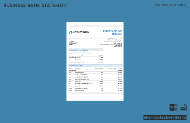 J Trust Royal Geschäftskontoauszug der Bank (Beispiel im Word- und PDF-Format)